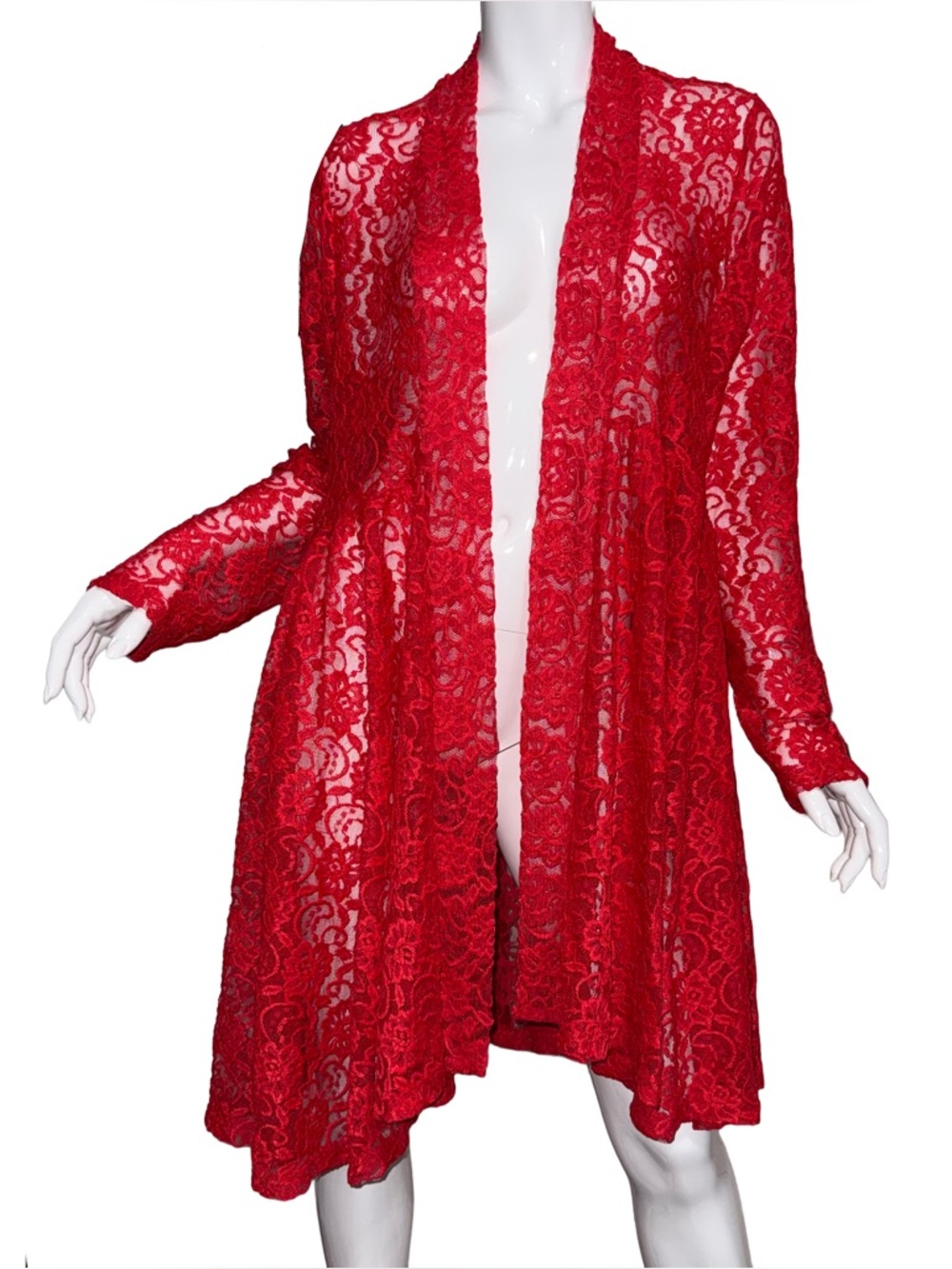 Y2K Sheer Red Lace‎ Statement Duster Cardigan Boho Gothic Romantic Witchy